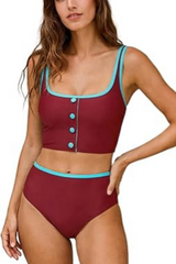 Women's Mid-Waist Color Block Square Neck Two-Piece Bikini Swimsuit Set