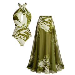 2026 Green and White Color-block Halter-neck Swimsuit with Skirt (Two-piece Set)
