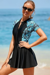 2026 Women's Short Sleeve Rash Guard Swimdress One Piece Surfing Zipper Bathing Suit Athletic Swim Skirt