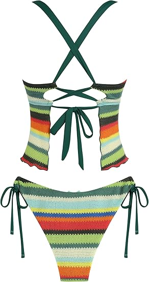 2026 Women's V-neck, Tummy-control, Printed, Tie-Up Thong, Tank Top Two-Piece Swimsuit Set