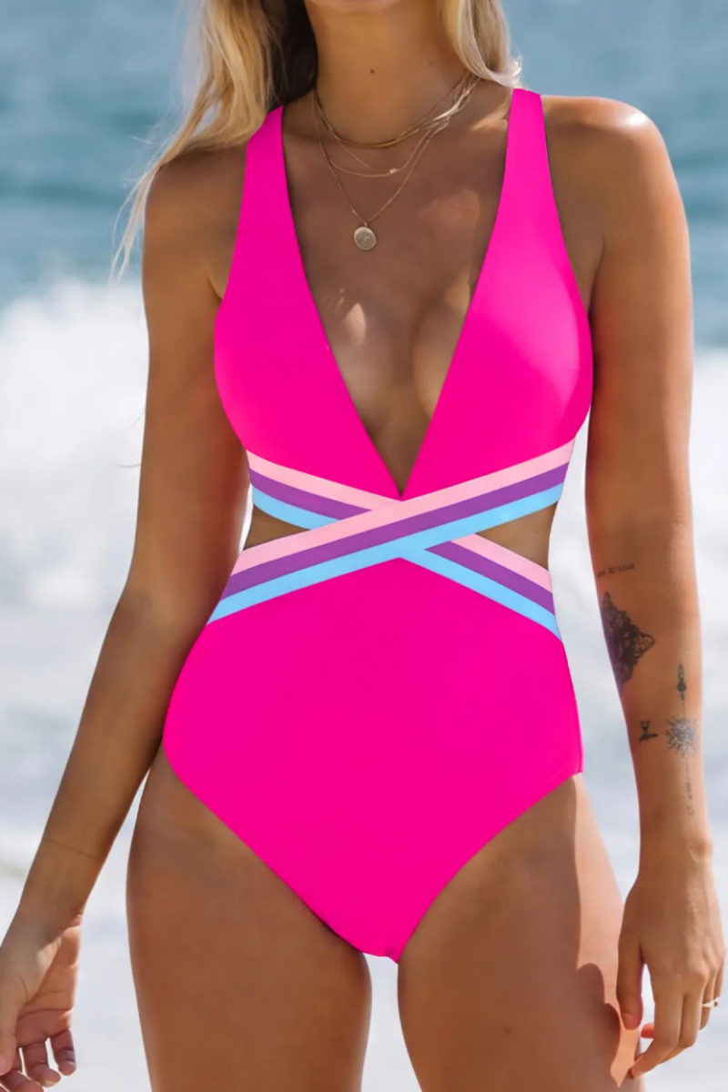 2026 Women's Colorblock Cross Waist One-Piece Swimsuit