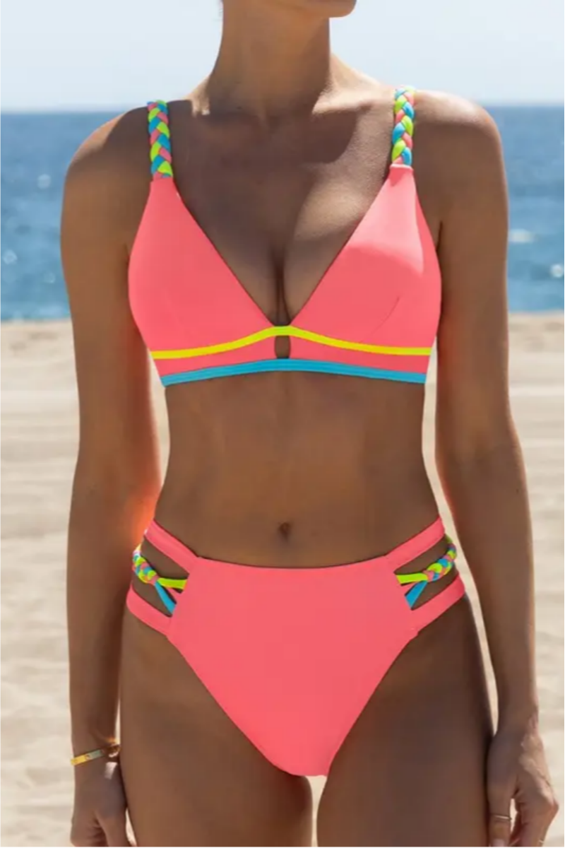 2026 Women's Color-Block Bikini Set with Colorful Straps