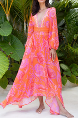 2026 Long-sleeve V-neck Printed One-piece Swimsuit with a Skirt