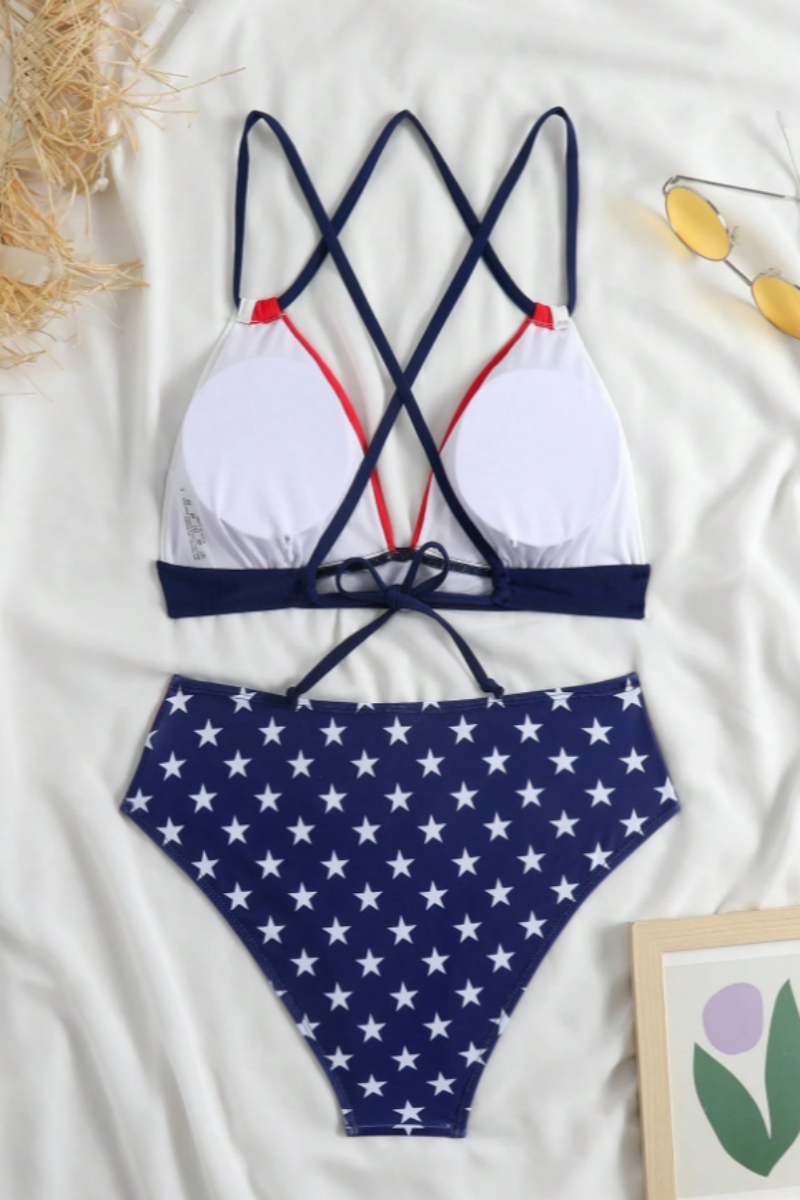 2026 Women's Red and Blue Star Print Triangle Bikini Two-Piece Set