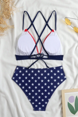 2026 Women's Red and Blue Star Print Triangle Bikini Two-Piece Set