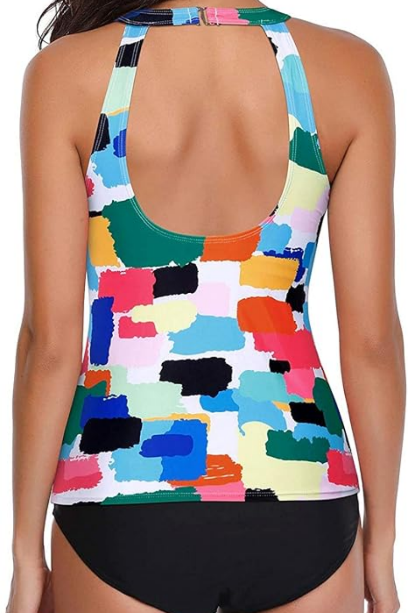 2026 Women's High-Neck Color-Block Multi-Color Print Two-Piece Tankini Swimsuit Set