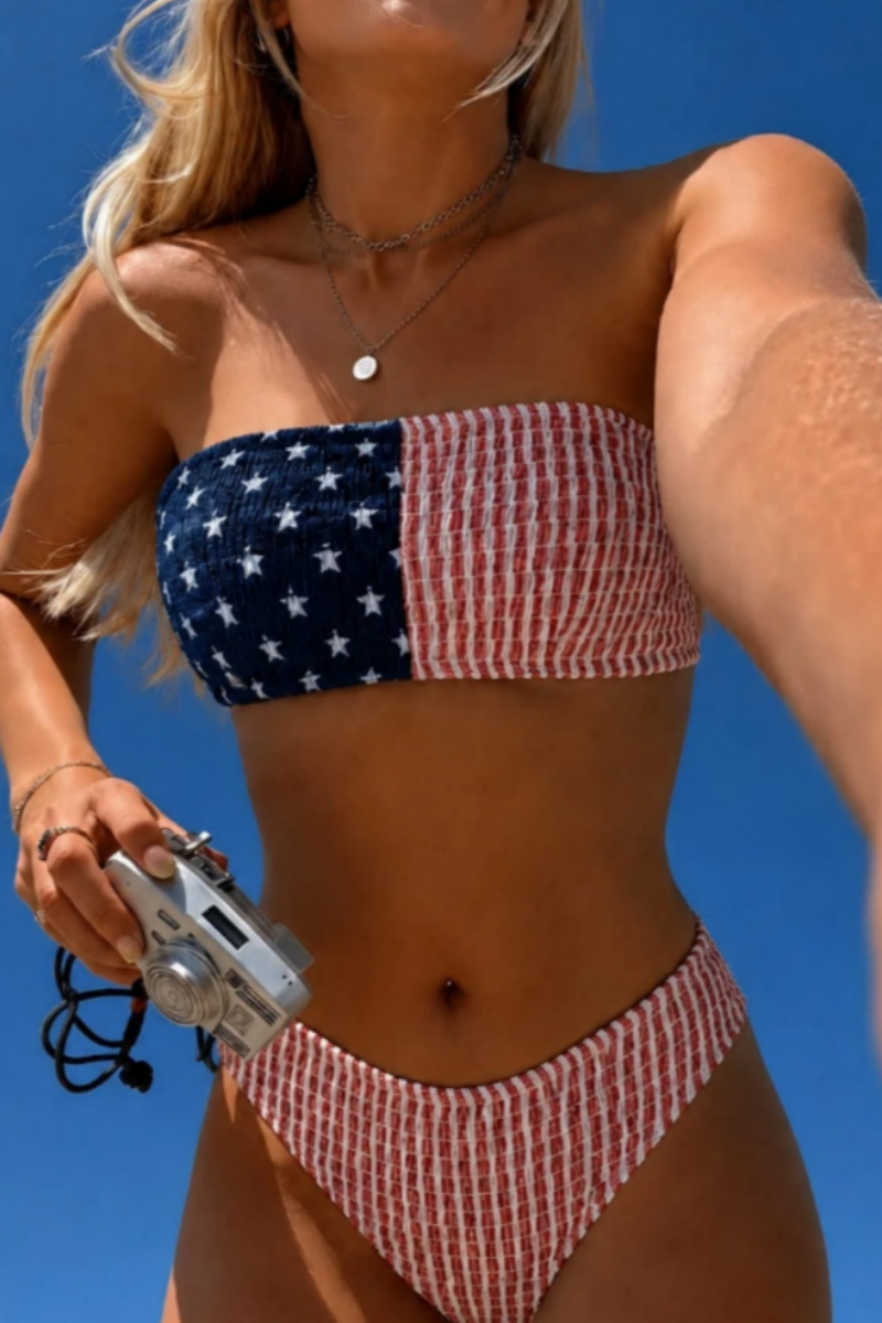 2026 Women's Red, White and Blue Star Striped Ruffled Bikini Set