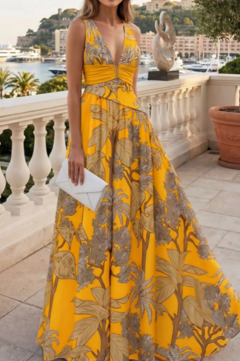 2026 Women's Pleated Floral Print V-Neck Swimsuit with Skirt Two-Piece Set