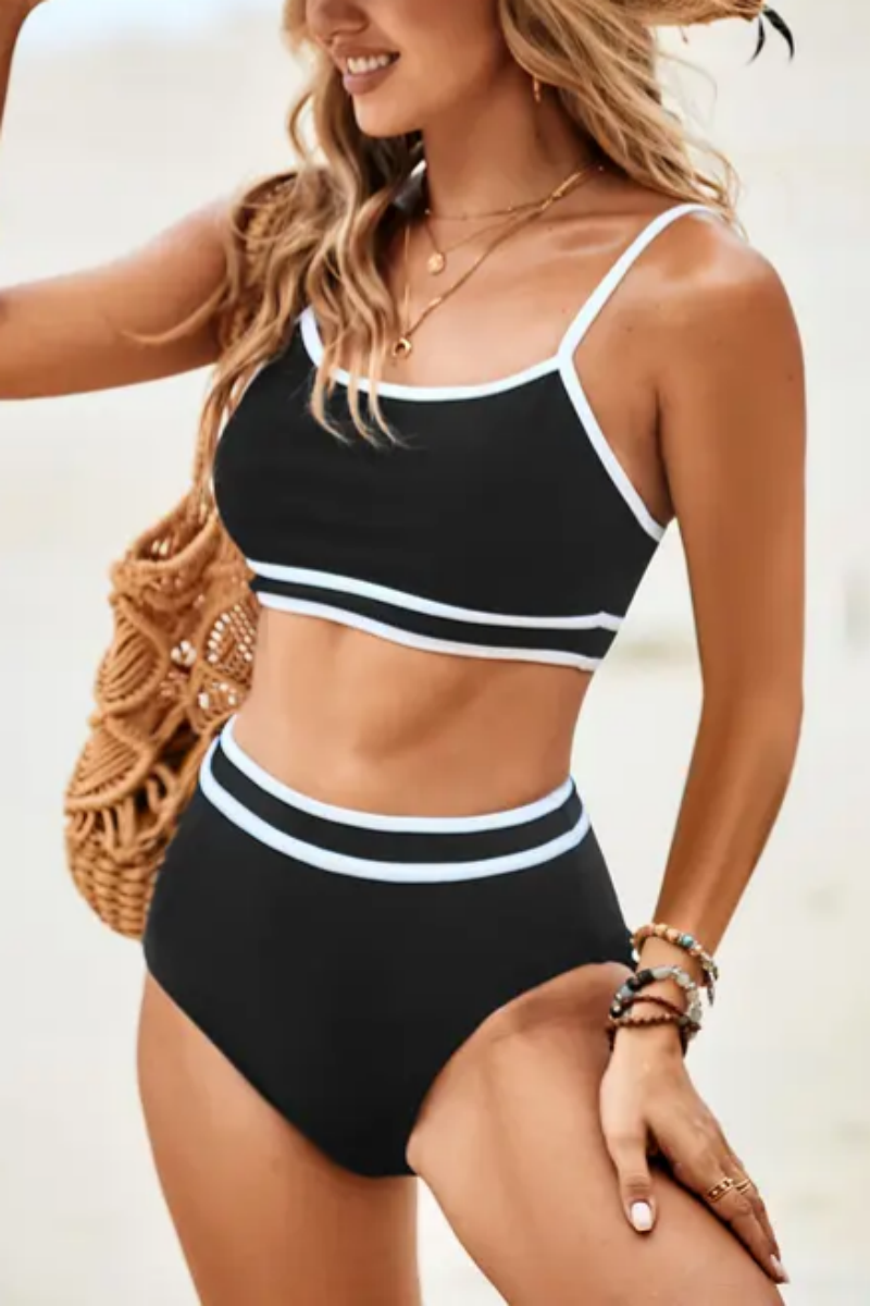 2026 Women's Ribbed Color Block High Waist Two-Piece Bikini Set