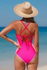Women's Deep V Neon Color Patchwork One-Piece Swimsuit