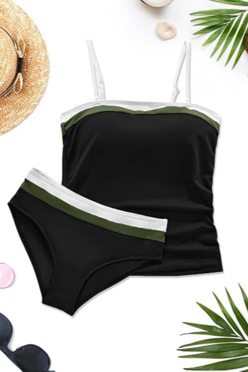 Women's two-piece strapless pleated tankini swimsuit with detachable shoulder straps