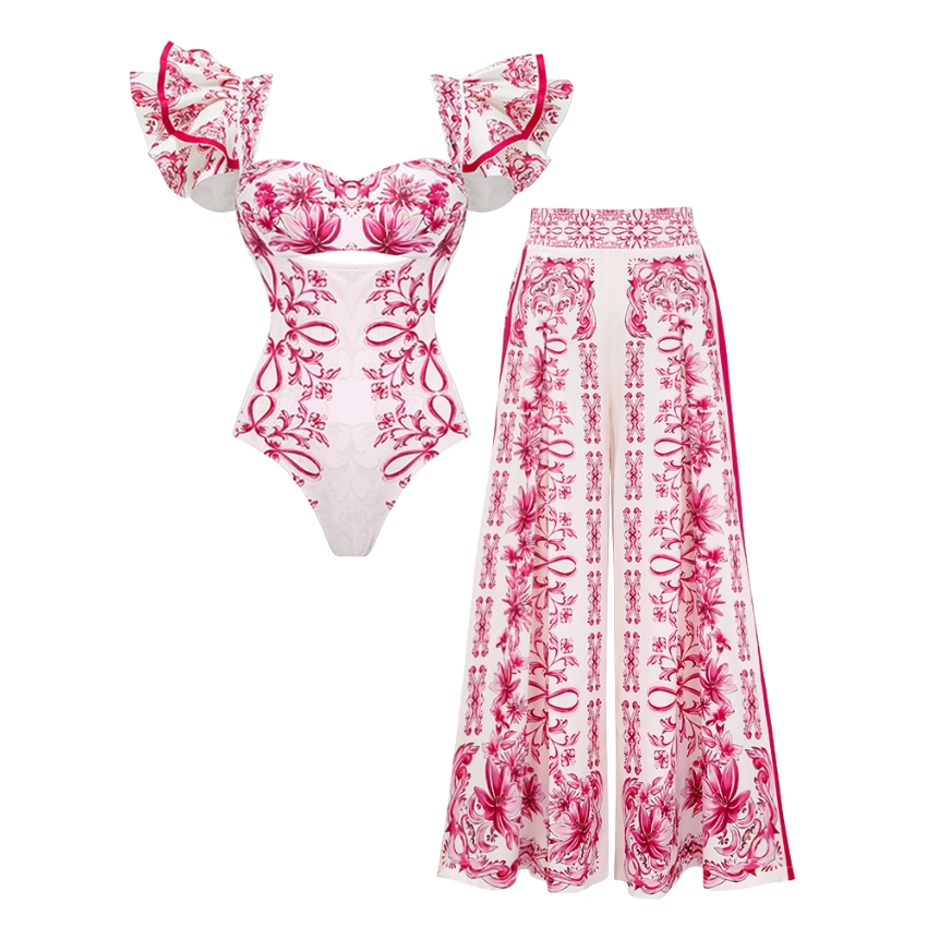 2026 Ruffled Lily-Print One-Piece Swimsuit with Skirt Set