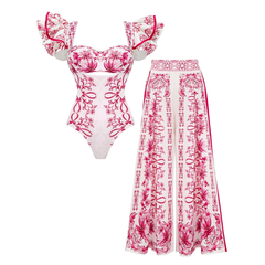 2026 Ruffled Lily-Print One-Piece Swimsuit with Skirt Set