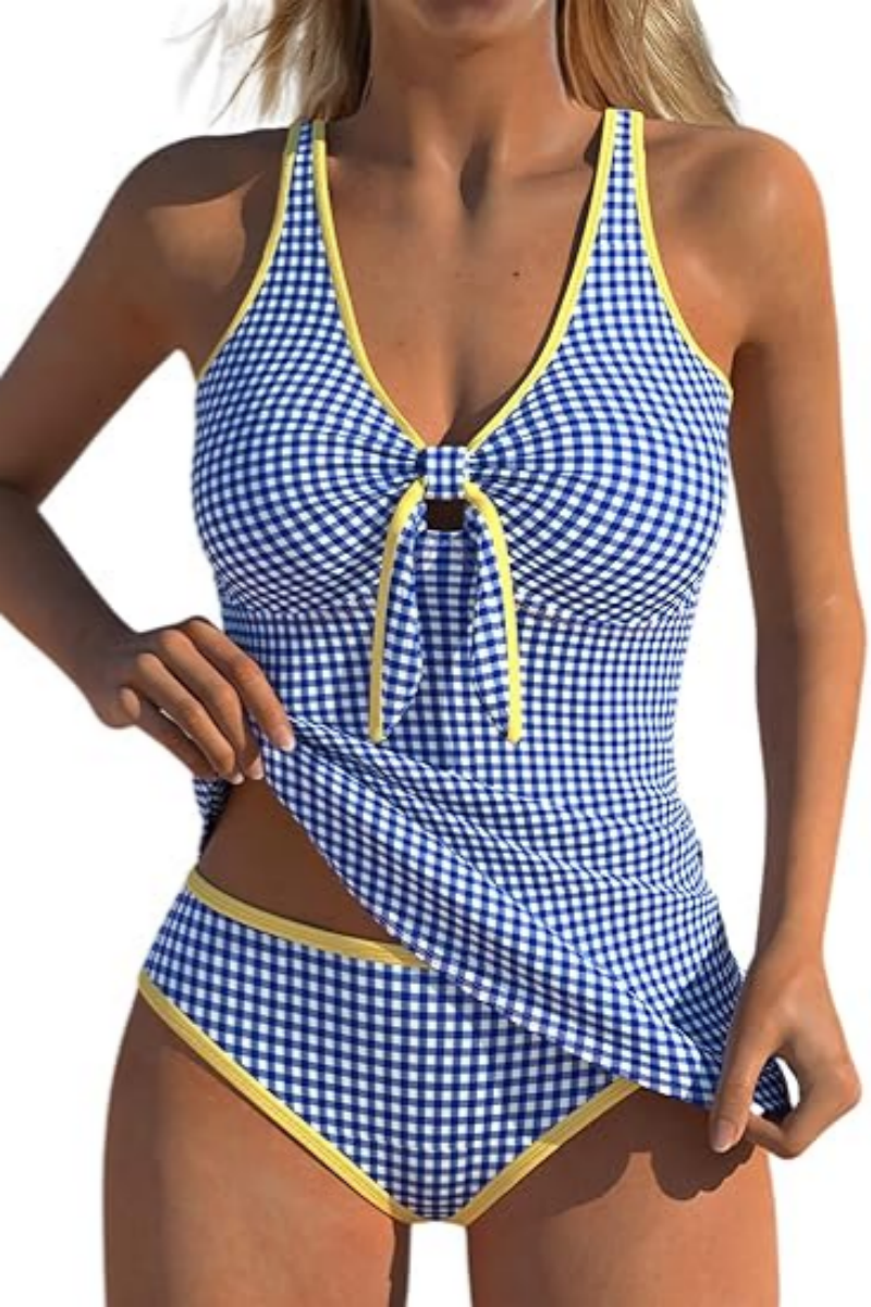 2026 Women's Two-Piece Tankini Swimsuit — Plaid with Bow Accent and Contrast Piping