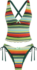 2026 Women's V-neck, Tummy-control, Printed, Tie-Up Thong, Tank Top Two-Piece Swimsuit Set