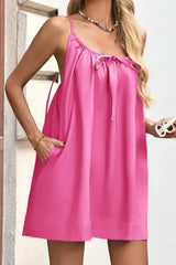 2026 Women Solid Color Spaghetti Strap Front Tie Backless Loose A-Line Mini Beach Cover Up Dress