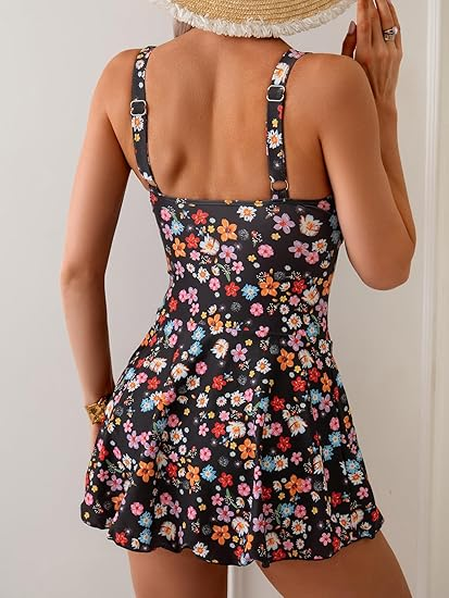 Black Floral One Piece Swimdress Swimsuits for Women Tummy Control Swim Dresses