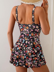 Black Floral One Piece Swimdress Swimsuits for Women Tummy Control Swim Dresses