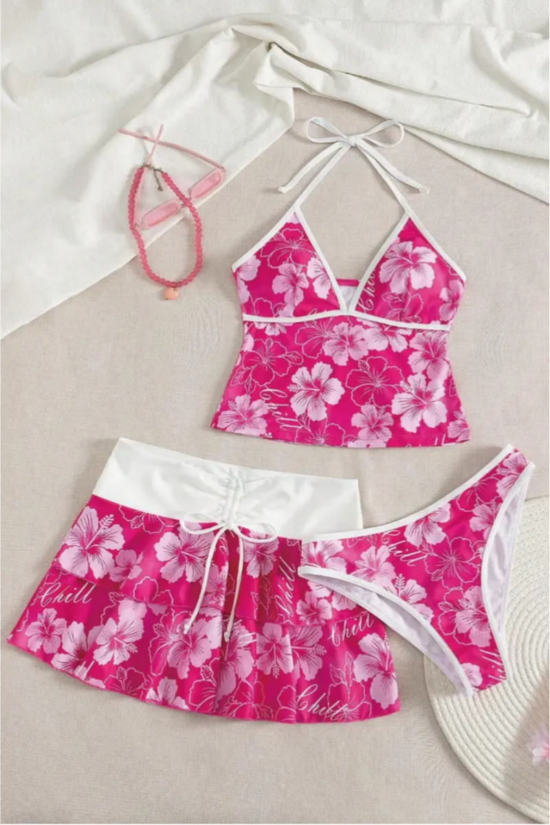 2026 Sexy Halter-Neck Printed Tankini Three-Piece Set For Women