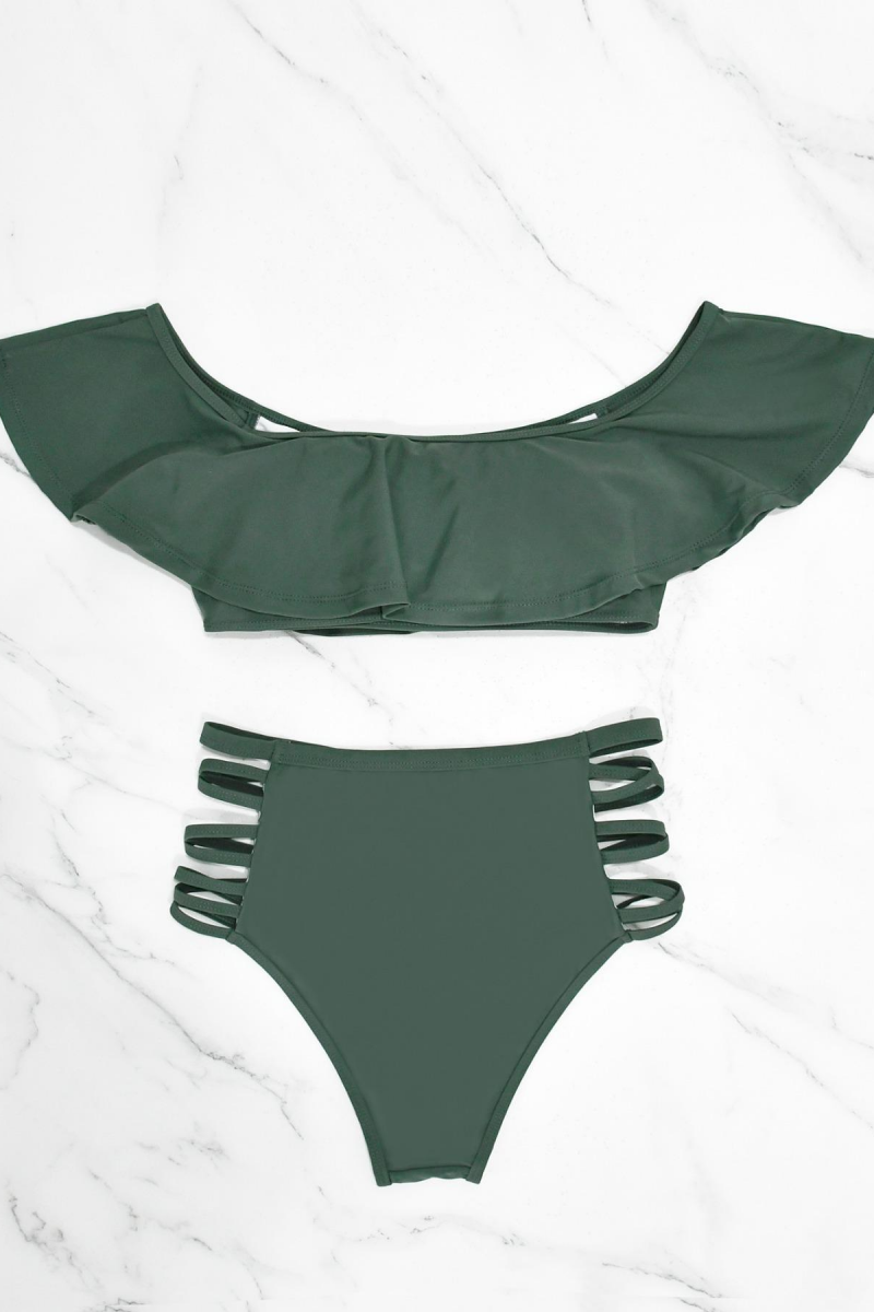 2026 Women's Solid Color Cross-Hole Off-Shoulder Ruffle Bikini Swimsuit Set
