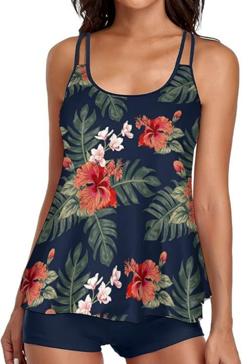 2026 Women's Flowy Top & Classic Print Two-Piece Tankini Swimsuit