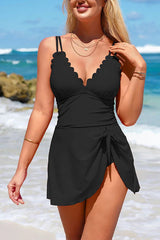 Women's Tummy Control V Neck Scalloped Tie Back Swimdress Bathing Suit