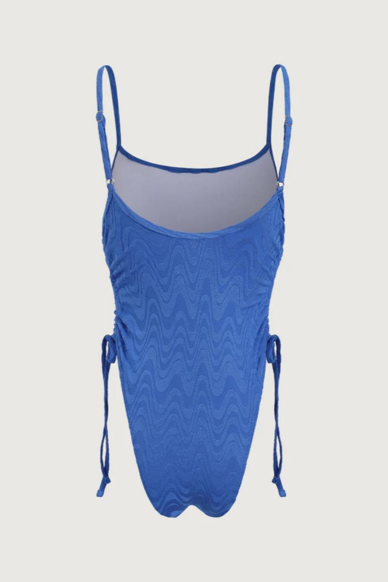 2026 Royal Blue Textured Wave Jacquard Ruched Side Tie One-Piece Swimsuit