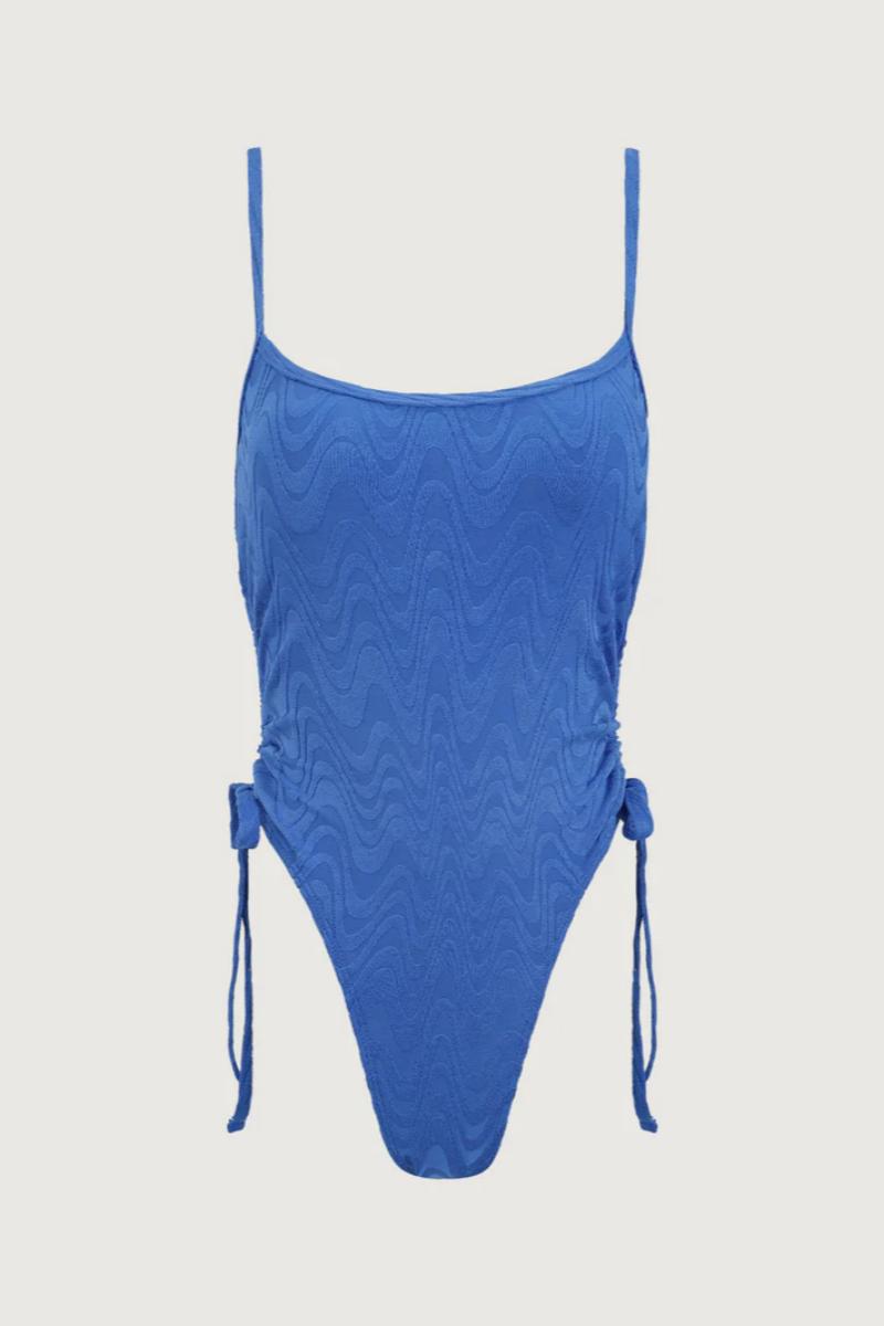 2026 Royal Blue Textured Wave Jacquard Ruched Side Tie One-Piece Swimsuit