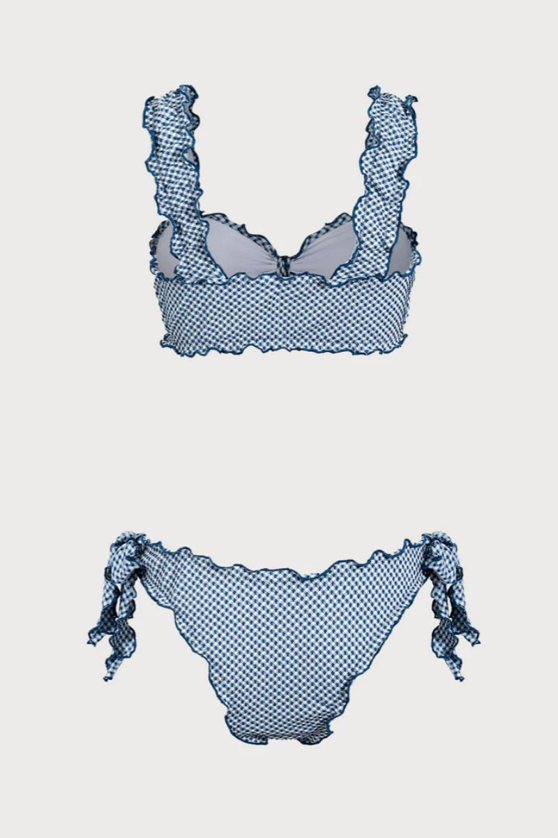 2026 Blue White Gingham Square Neck Front Twist Ruffle Tie Bikini Two-Piece Set