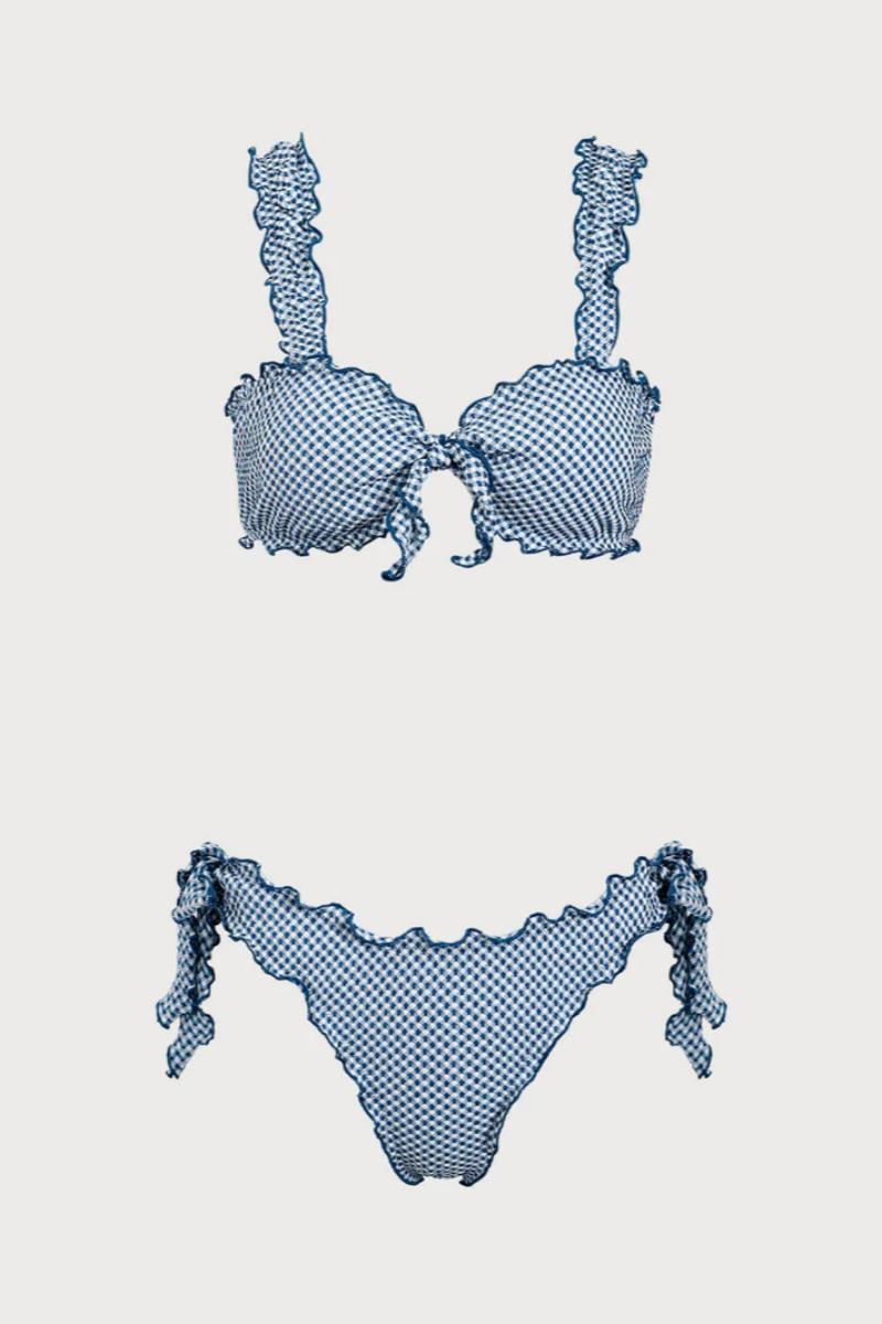 2026 Blue White Gingham Square Neck Front Twist Ruffle Tie Bikini Two-Piece Set