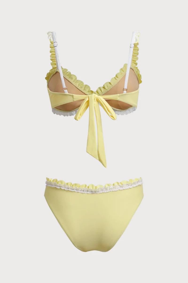 2026  Cream Yellow Contrast White Ruffle Square Neck Double Strap Bikini Two-Piece Set