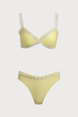 2026  Cream Yellow Contrast White Ruffle Square Neck Double Strap Bikini Two-Piece Set