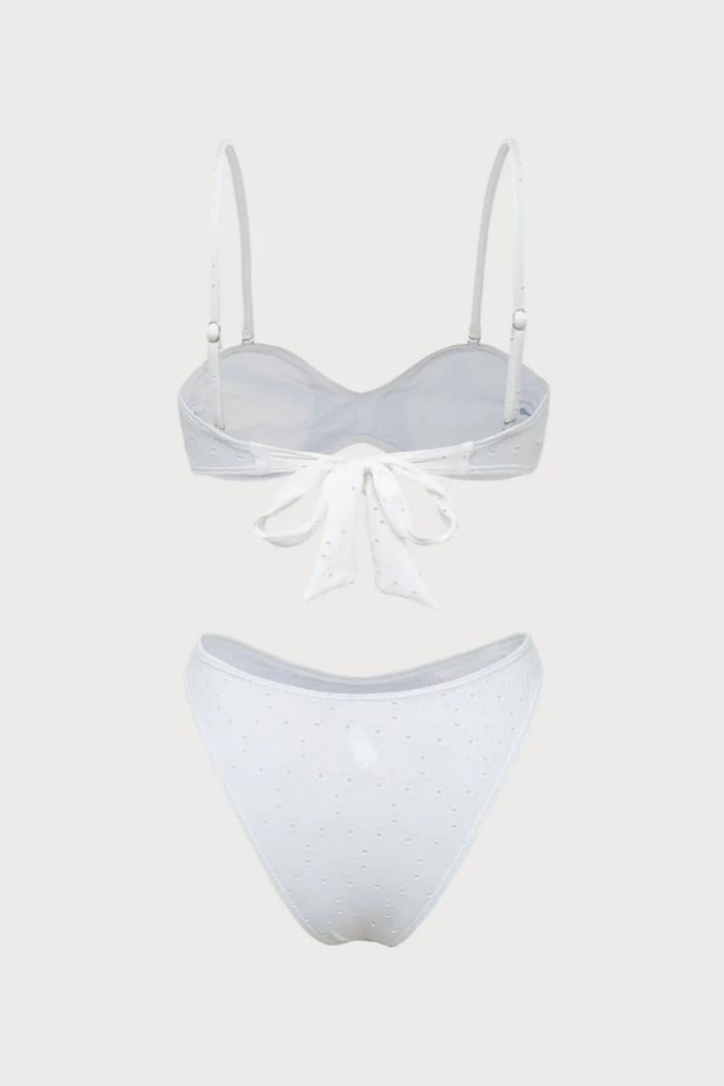 2026  White Dot Textured Thin Strap Contrast 3D Pink Flower Square Neck Bikini Two-Piece Set