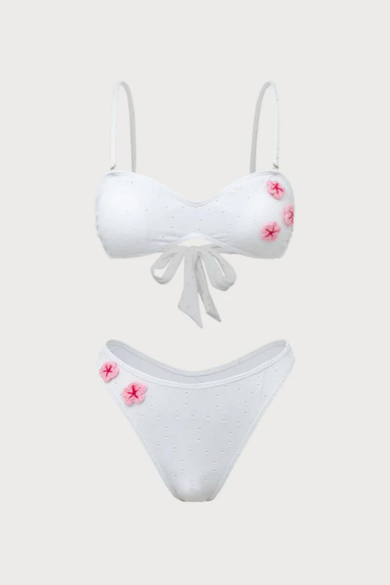 2026  White Dot Textured Thin Strap Contrast 3D Pink Flower Square Neck Bikini Two-Piece Set