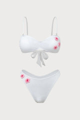 2026  White Dot Textured Thin Strap Contrast 3D Pink Flower Square Neck Bikini Two-Piece Set