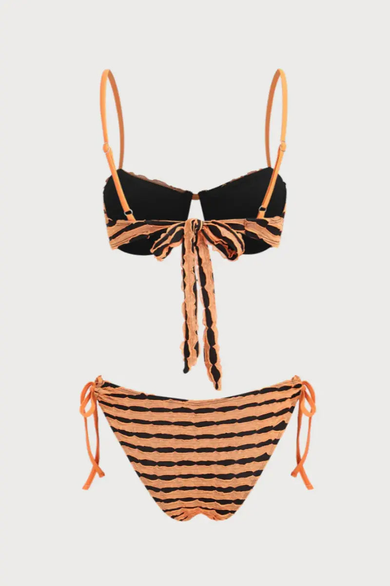 2026  Orange & Black Textured Stripe Knit Bikini Set