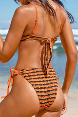 2026  Orange & Black Textured Stripe Knit Bikini Set