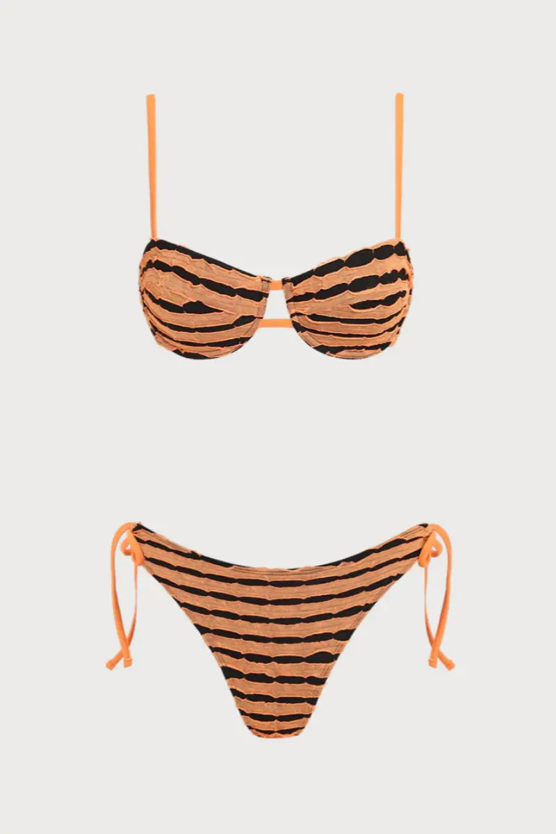 2026  Orange & Black Textured Stripe Knit Bikini Set