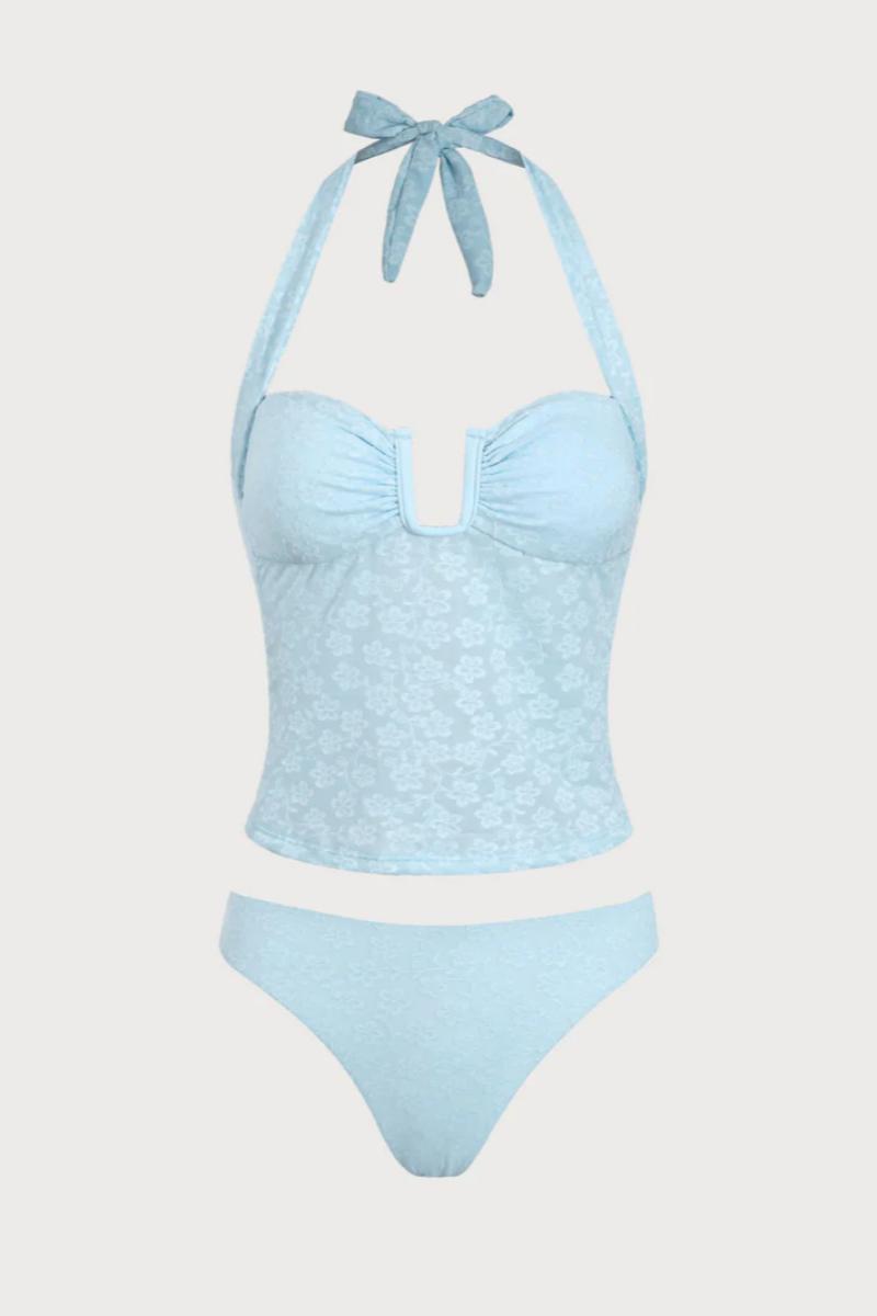 2026 Light Blue Floral Jacquard Halter 2-Piece Tankini Set