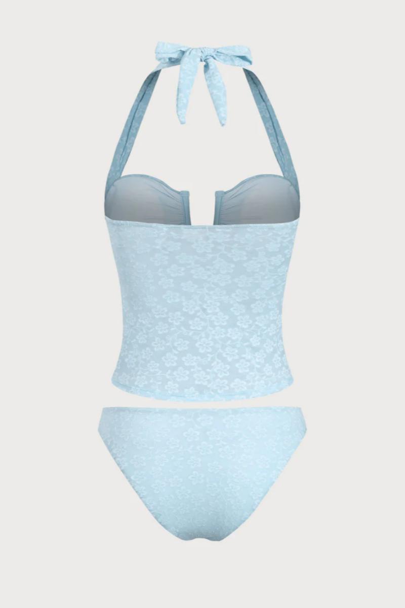 2026 Light Blue Floral Jacquard Halter 2-Piece Tankini Set