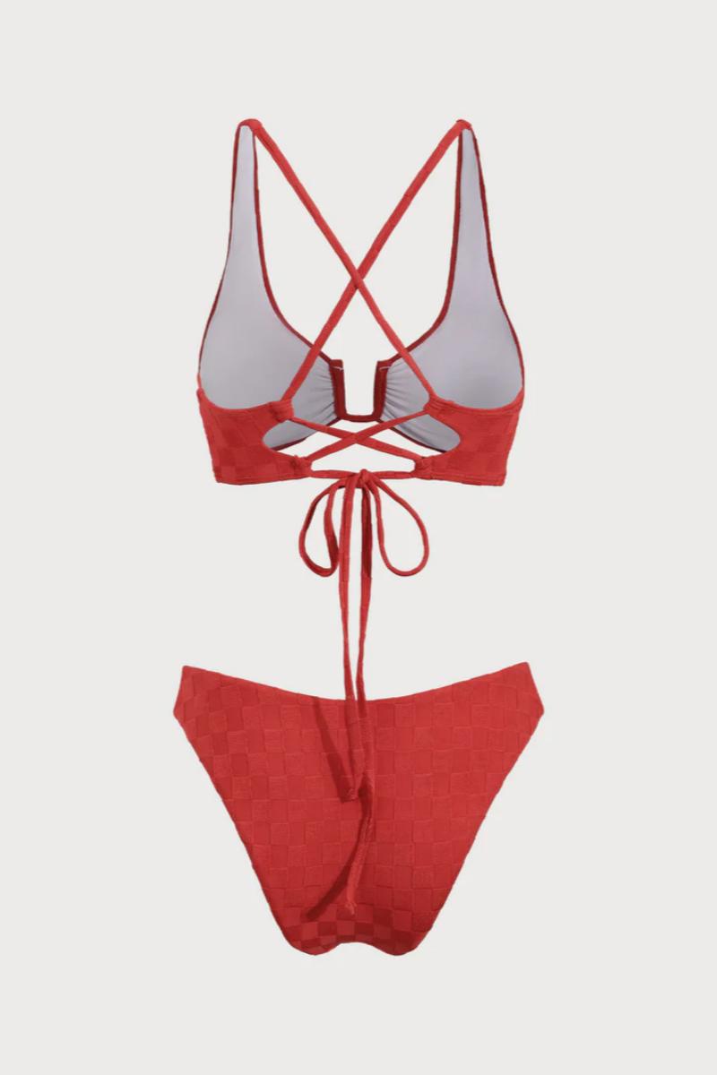 2026 Red Checkered Textured U Notch Halter Tie Bikini Two-Piece Set