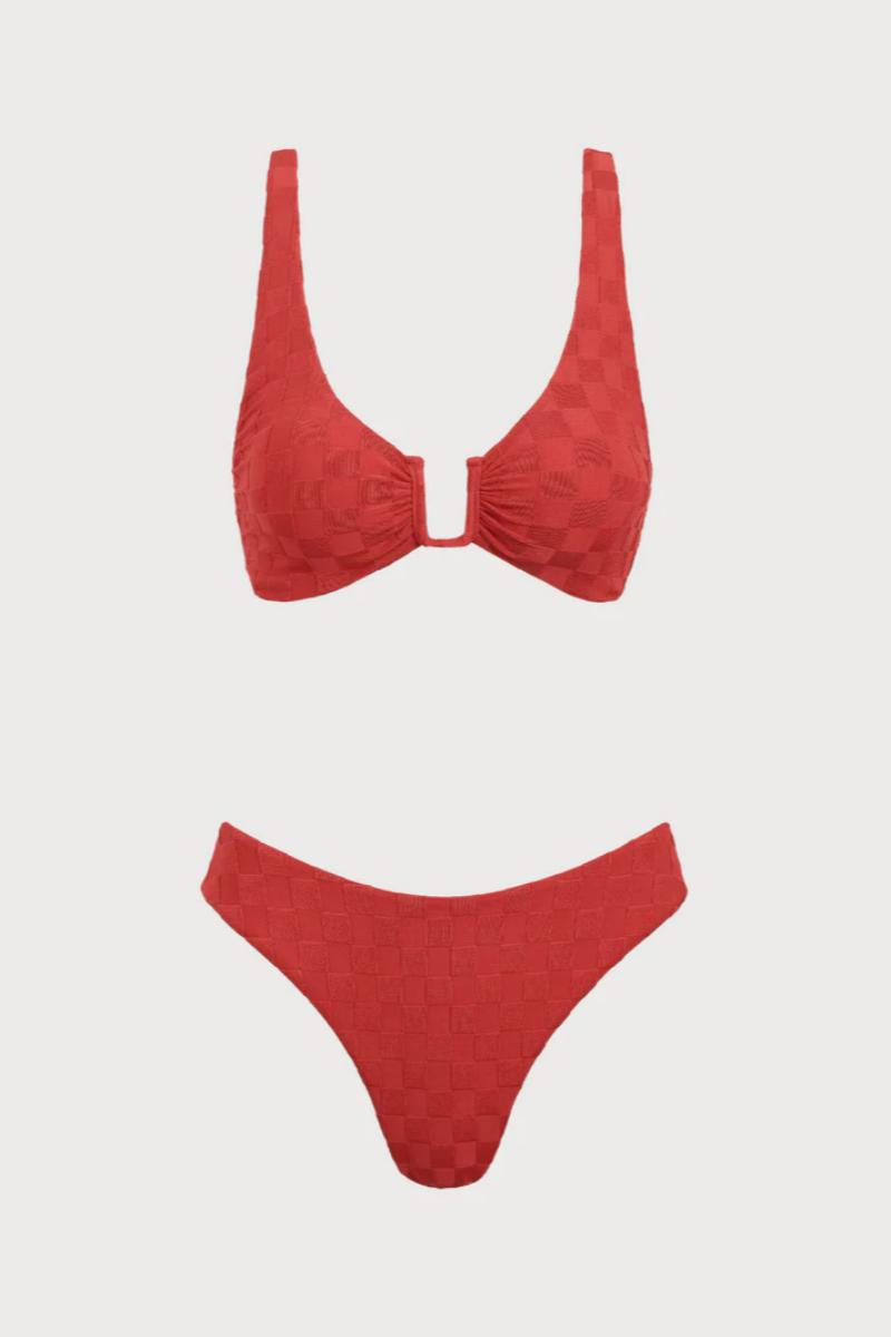 2026 Red Checkered Textured U Notch Halter Tie Bikini Two-Piece Set