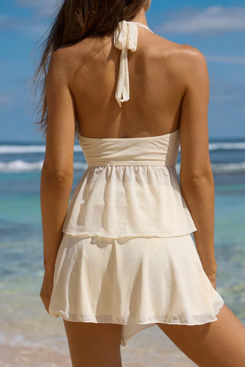 2026 Off White & Mint Green Starfish Hardware High Waist Ruched Mesh Beach Skirt