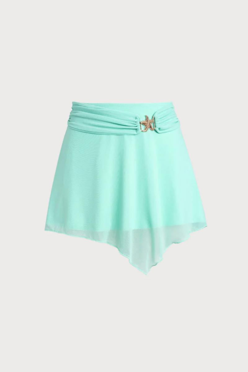 2026 Off White & Mint Green Starfish Hardware High Waist Ruched Mesh Beach Skirt