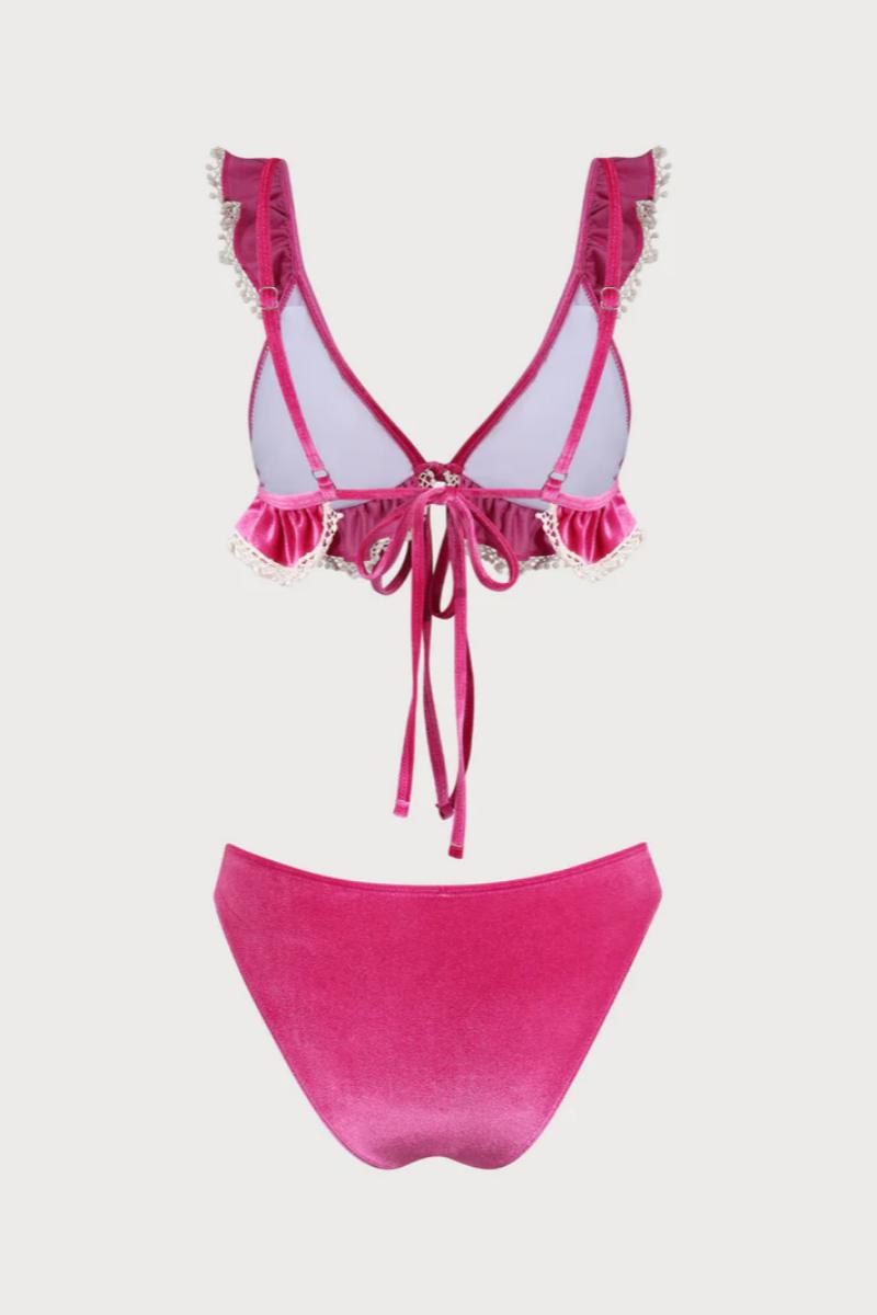 2026  Hot Pink Velvet Lace Ruffle Front Tie Halter Bikini Two-Piece Set