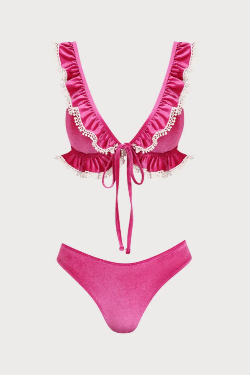 2026  Hot Pink Velvet Lace Ruffle Front Tie Halter Bikini Two-Piece Set