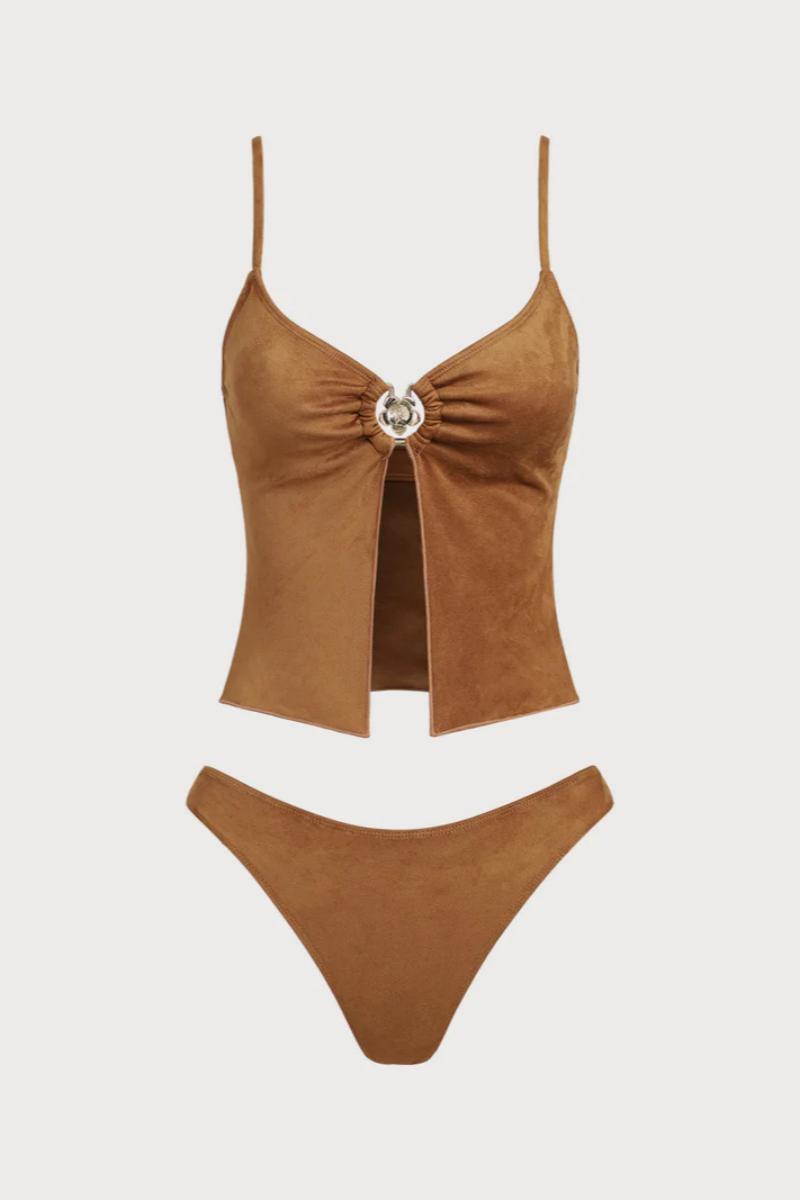 2026 Brown Suede-Effect O-Ring Cut-Out 2-Piece Tankini Set