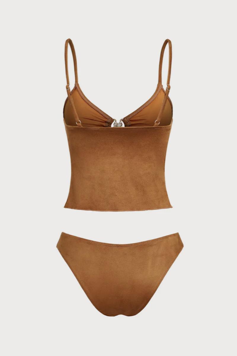 2026 Brown Suede-Effect O-Ring Cut-Out 2-Piece Tankini Set