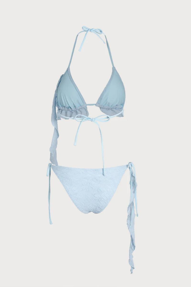 2026  Light Blue Embossed Jacquard Ruffle Trim Halter Tie Triangle Bikini Two-Piece Set