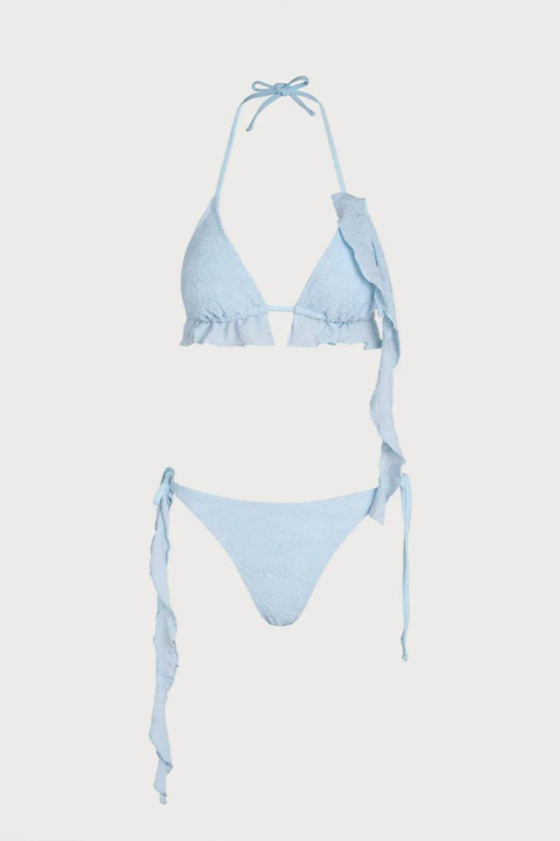 2026  Light Blue Embossed Jacquard Ruffle Trim Halter Tie Triangle Bikini Two-Piece Set